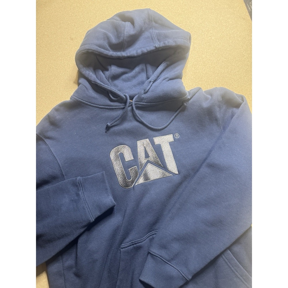CAT Caterpillar Hoodie Mens‎ Medium Blue Heavy Fleece Pullover Workwear Logo Men